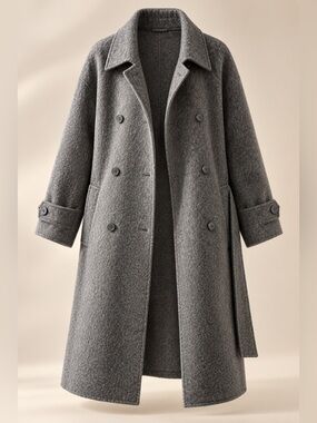 Coat Women’s 100% Wool Gray Double Breasted Belted Long Winter Coat